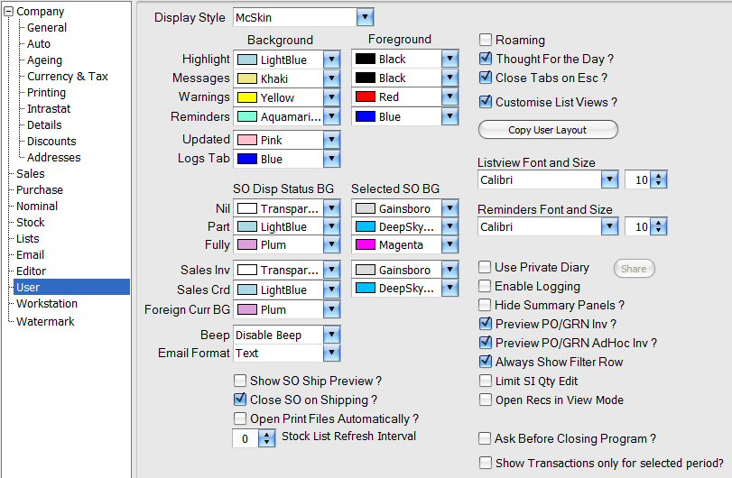 Configurations: User Settings