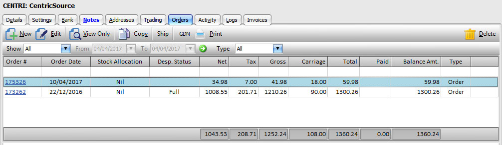 Customer Record: Orders Tab