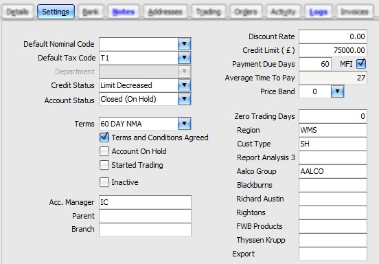 Customer Record: Settings Tab