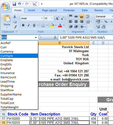 Purchase Order Enquiry: Customise Enquiry Template