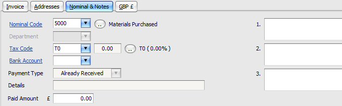 Purchase Invoice: Nominal Tab