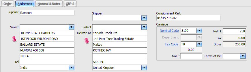 Purchase Order Address tab