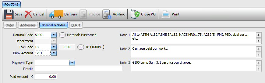 Purchase Order Nominal tab