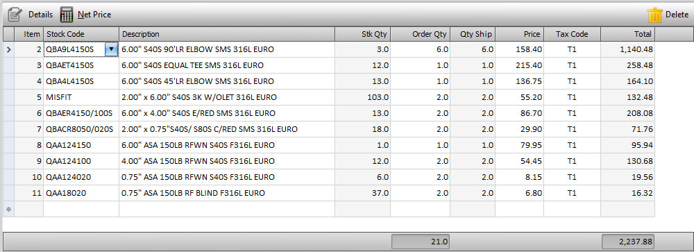 Sales Invoice: Items Grid