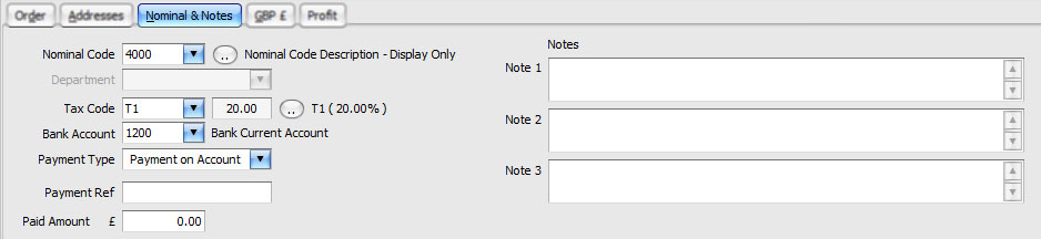 Sales Order: Nominal & Notes Tab