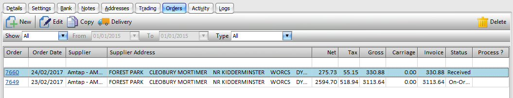 Supplier Purchase Orders List